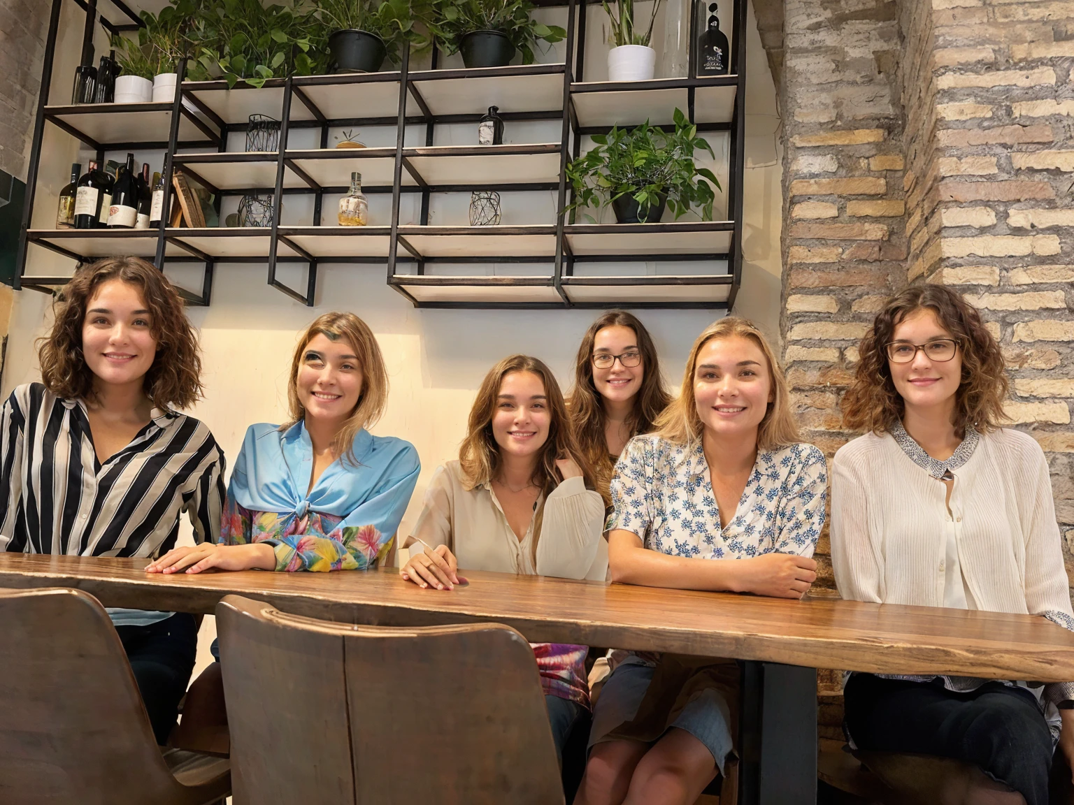 several women sitting at a table with a wooden table top,
