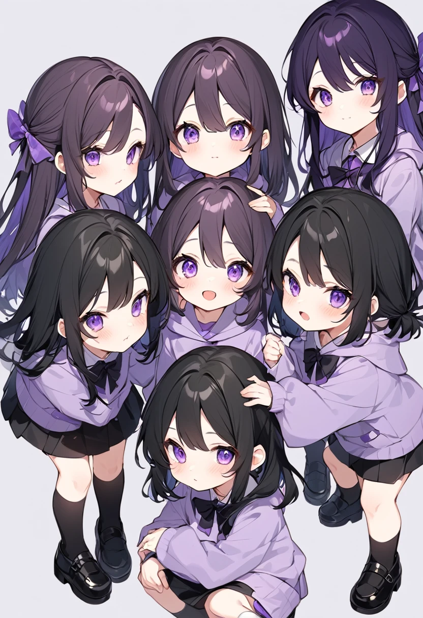 Keito。Purple hoodie。Black Skirt。Purple Eyes。Black Hair。Black shoes下。Black shoes。6 sistery eldest daughter has lavender hair.。all female。Sextuplets