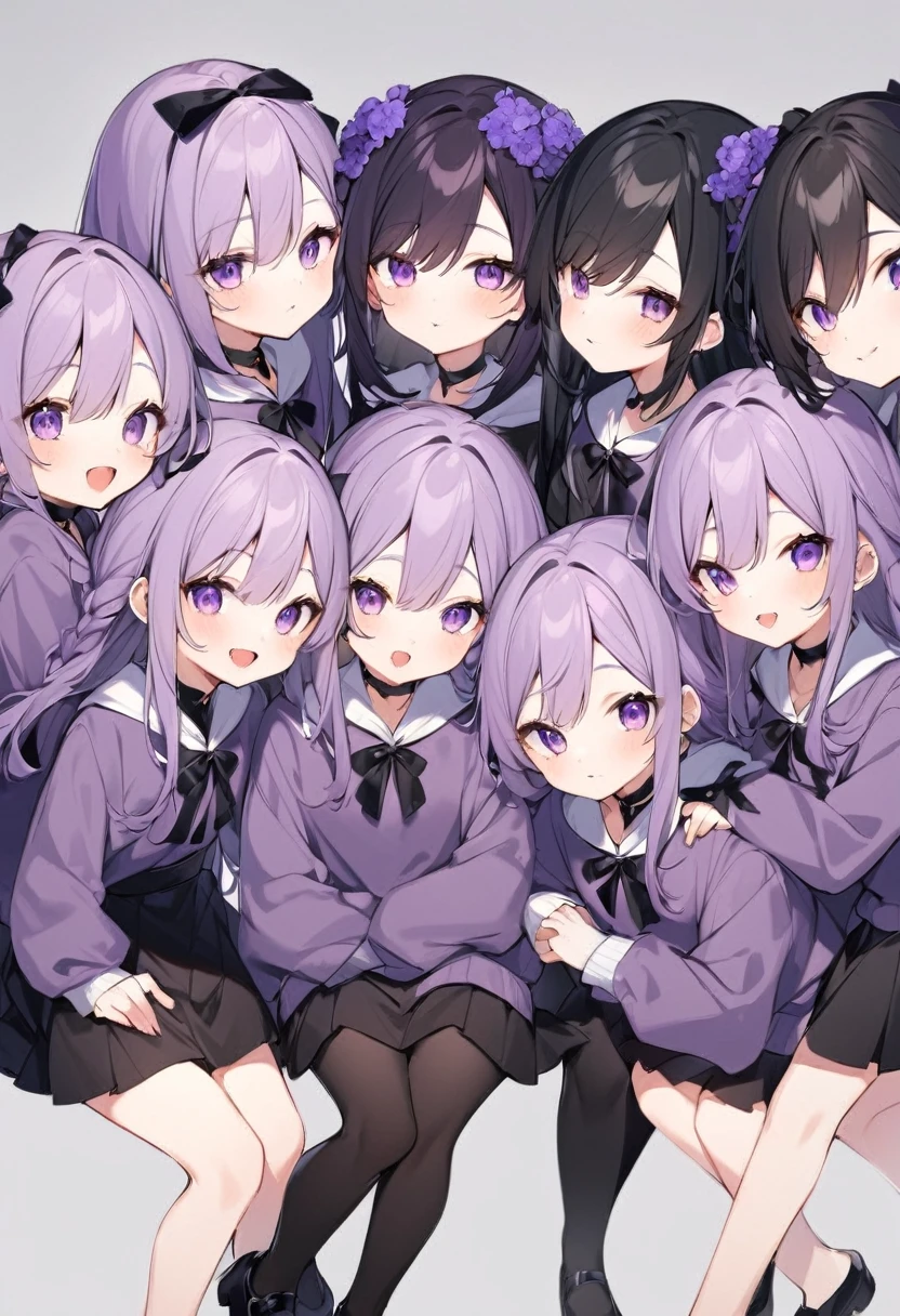 Keito。Purple hoodie。Black Skirt。Purple Eyes。Black Hair。Black shoes下。Black shoes。6 sistery eldest daughter has lavender hair.。all female。Sextuplets
