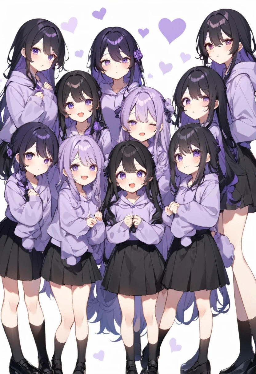 Keito。Purple hoodie。Black Skirt。Purple Eyes。Black Hair。Black shoes下。Black shoes。6 sistery eldest daughter has lavender hair.。all female。Sextuplets