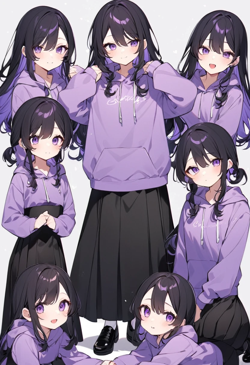 Keito。Purple hoodie。Black Skirt。Purple Eyes。Black Hair。Black shoes下。Black shoes。6 sistery eldest daughter has lavender hair.。all female。Sextuplets