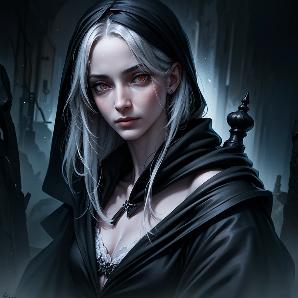 Portrait of the Grim Reaper with white eyes, high chaos, dark atmosphere, intricate details, by Johan Grenier style, Alyssa Monks style