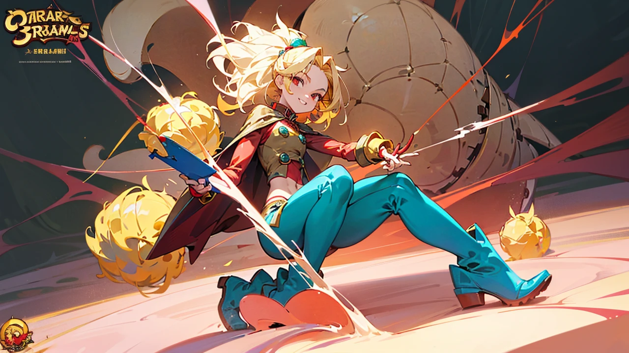 Charlie brawl stars,anime style,beige spider-shaped hair,gold and crimson red spiderweb cape,golden gloves with three red mosaics,red neckline on the chest combined with river green on the abdomen and gold buttons,rio green tight leggings,Rio green short boots with yellow pompoms,Masterpiece,Good quality,anime,female,provocative look with smile,pose sexy,bella,attractive,circus,video game character