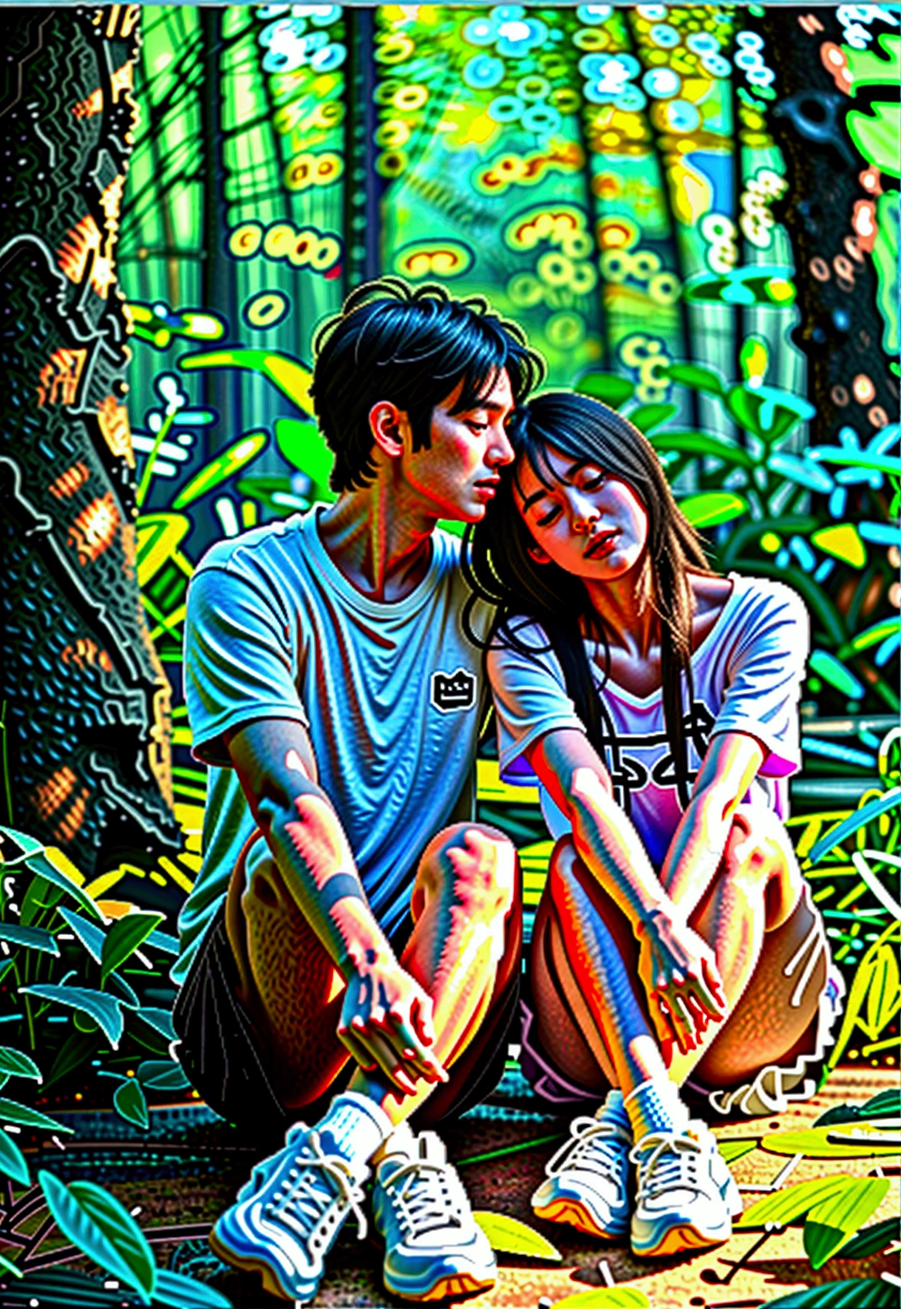 A couple from Korea sits squatting (open legs) in the middle of a lush forest. They wore casual clothes with white t-shirts and shorts, and white sports shoes. The man sits behind the woman, hugging her with his arms around her waist and shoulders, while the woman leans back with her head against the man's chest, with her eyes closed as if enjoying a quiet and intimate moment together. The forest background shows tall trees and dense green leaves, giving the image a natural and peaceful feel. Sunlight can be seen faintly penetrating between the leaves, creating a shady and comfortable atmosphere.