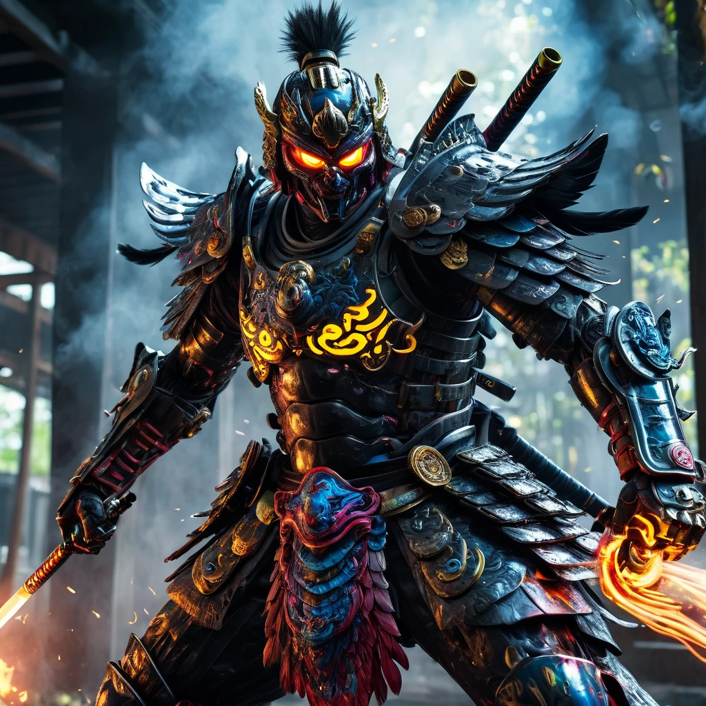 cyborg samurai like creature in action and unleashing an attack against enemies, fw murano style, plumes of jet black plumes smokes, vibrant color blast, incredibly detailed, dark, key visuals, atmospheric, highly realistic, high detail texture, ray tracing