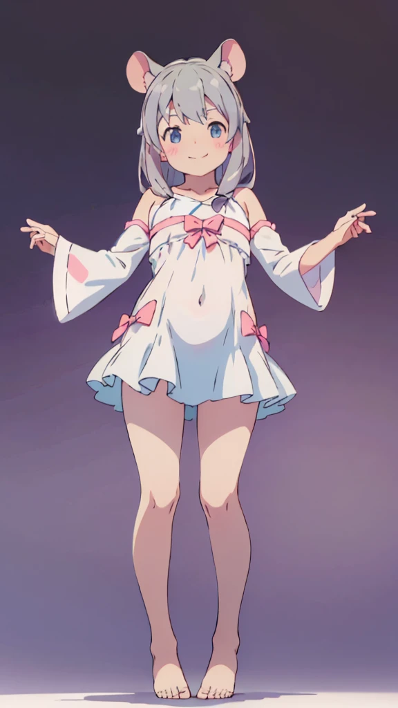 ((masterpiece))((Highest quality))Mouse Ears、girl、smile、blush、Flat Chest、Are thin、、low length、Gray Hair、blush、Are standing、Whole body image、Even your toes are visible、Eye level on face、front、No background、Mouse pose、真frontのアングル、