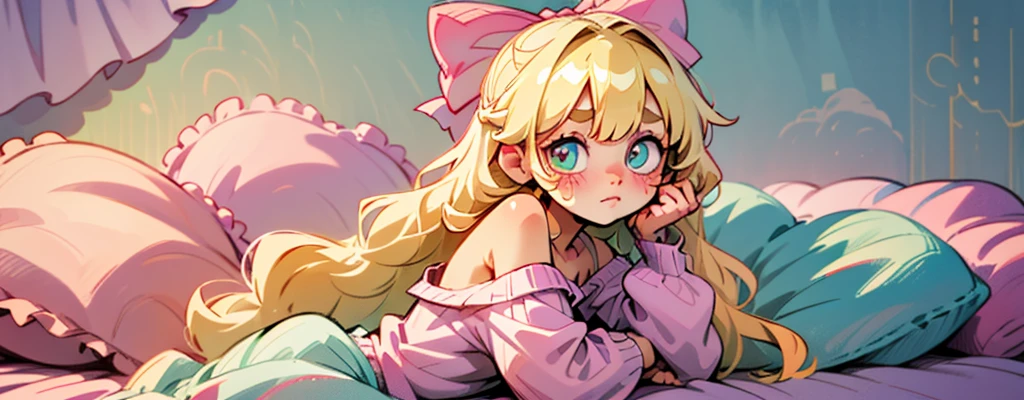 cute, happy, very long blonde hair, bangs, white bow in the back of hair, turquise eyes, big eyes, pink oversized off shoulder sweater, kawaii, comfy, white and pastel pink bedroom, lay down on bed, gamer, adorable, cuteness, shy, blush, closeup, twitter header, cozy, comfy, sleepy