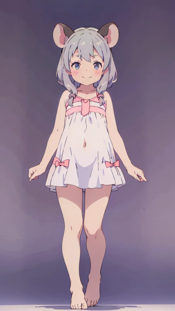((masterpiece))((Highest quality))Mouse Ears、girl、smile、blush、Flat Chest、Are thin、、low length、Gray Hair、blush、Are standing、Whole body image、Even your toes are visible、Eye level on face、front、No background、Mouse pose、真frontのアングル、