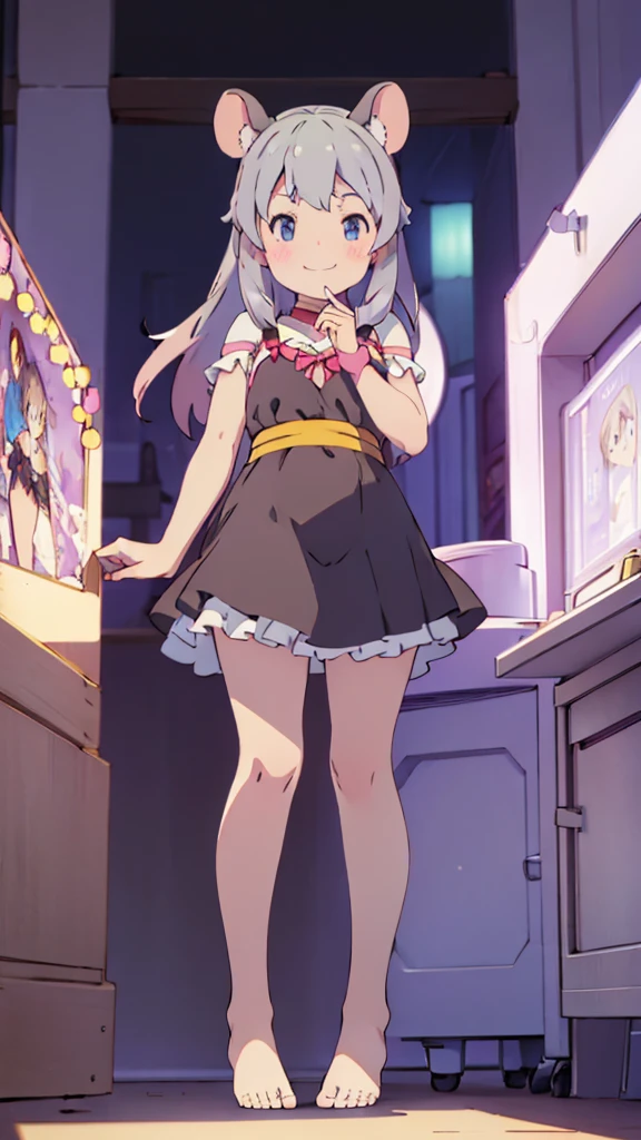 ((masterpiece))((Highest quality))Mouse Ears、girl、smile、blush、Flat Chest、Are thin、、low length、Gray Hair、blush、Are standing、Whole body image、Even your toes are visible、Eye level on face、front、No background、Mouse pose、真frontのアングル、