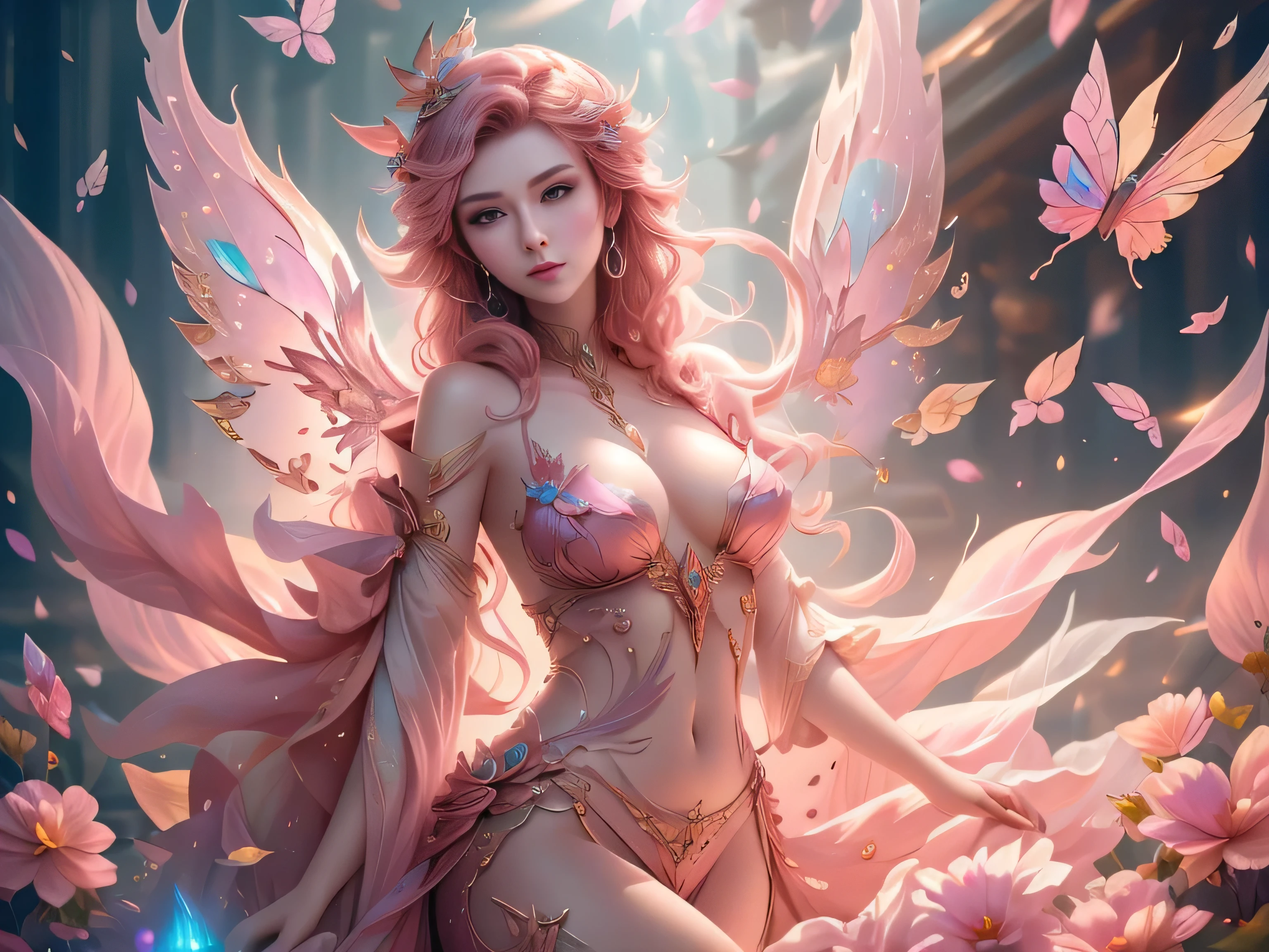 (Best Quality, 8K, Masterpiece, HDR, Soft Lighting, Picture Perfect, Realistic, Vivid), Cat Girl (1.0), Cat Girl with Red Hair and brown eyes and Sexy Revealing Clothes, Pink Bodysuit with Glitter Texture, Beautiful Anime Fantasy, Very beautiful and cute cat girl, large pink butterflies fly around, background blur, anime fantasy, work in Gouves style, realistic: 1.37, top view, red cat girl lies in blue flowers, large pink butterflies fly around, horizontal view, (Ultra High Quality Fantasy Art), Masterpiece, Female Model, Ultra High Quality Female Character Designs, Detailed 8k Anime Art, Realistic Anime Art, Highest Quality Wallpapers, Intricate Ultra High Quality Accurate Female Character Faces, High Quality Designs and Accurate Physics (Fantasy - Ultra High Quality) quality) quality)) art), dark fantasy style), masterpieces, super high-quality characters, anime resolution - 8K, realistic anime art, wallpaper with the highest quality illustrations, ultra-high detail of faces, high-quality design and accurate physics), color, depth of field, shadows, ray tracing, high quality workmanship. -high quality and 8K resolution, (Accurate simulation of the interaction of light and materials)], [High-quality hair detail [More about beautiful and shiny red hair]], (Beautifully detailed hands [perfect fingers [Perfect nails]]], (perfect anatomy (perfect proportions)))) [[Full-length]], [Perfect combination of colors (Accurate imitation of the interaction of light and material)], [art that conveys the meaning of the story](modified)