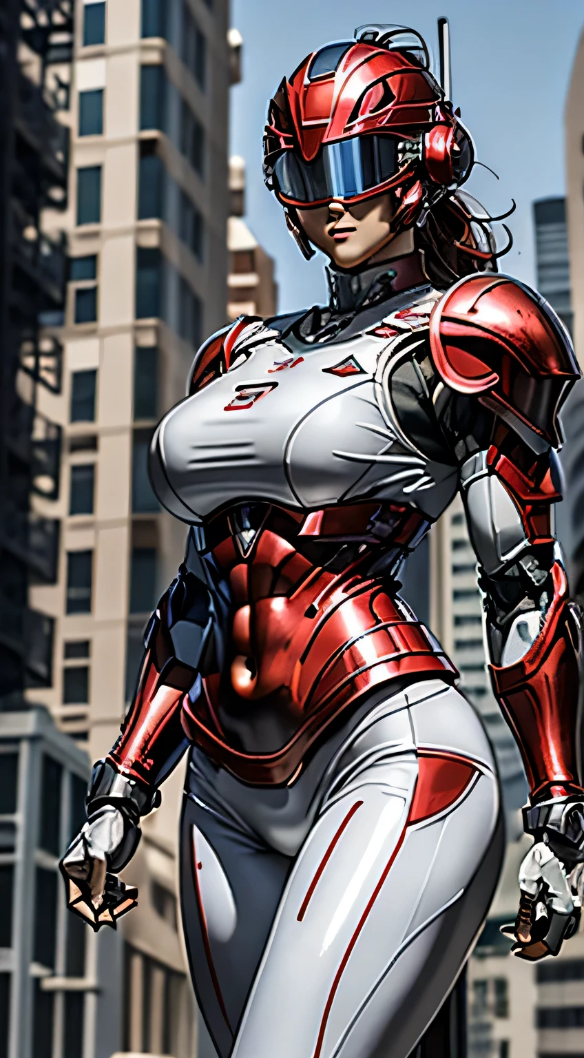 Female Robocop Solo、Bright outdoors、strong light source、8K, high quality, masterpiece, 最high quality, Crisp contrast、Very detailed、Full body armor、Very large armor、Helmet covering the head、Clear photos、His eyes are hidden by thin straight goggles:1.3、The lower half of the face is raw々Shii:1.5、The lower half of the face is exposed、Seductive lips、Red metallic armor、White accent color、Armor that completely covers the chest、Long, slender legs、Vibrant Posselo Body View,Big and ample breasts:1.5, (Sports Body:1.5)、Five Fingers、Hold a handgun、In the city
