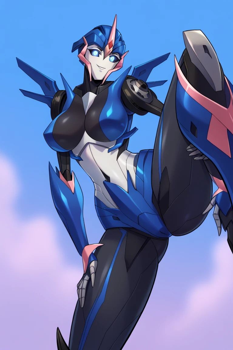 score_9, score_8_up, score_7_up, BREAK, 1girl, solo, arceetp, mecha, robot, garage background, autobot, blue glowing eyes, Upper body, standing, bent over, spread legs, nigth, black legs, thick legs,  sexy body, big breasts, smile, front view, look at the viwer, bent over, sexy pose, no smile, black chest, big breasts, below view