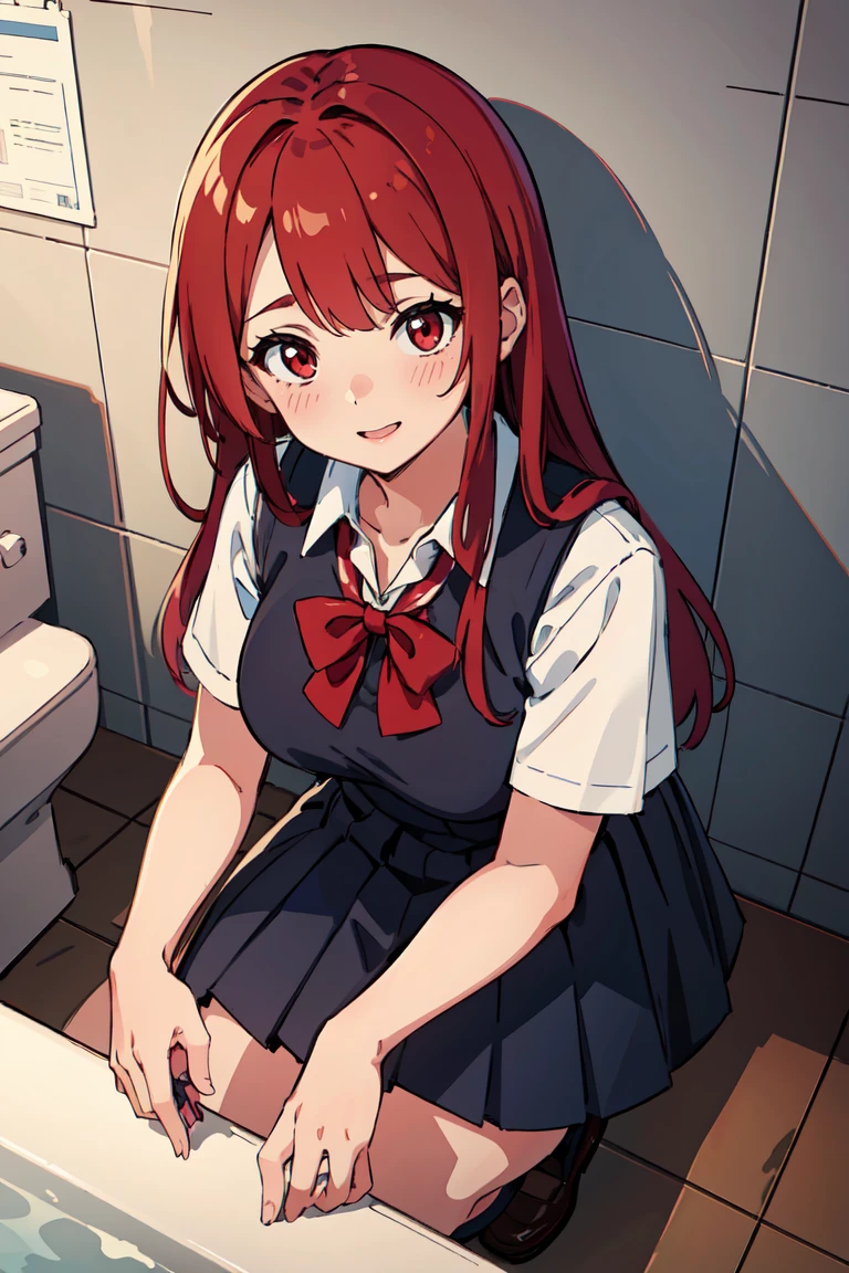 masterpiece, best quality, highly detailed background, perfect lighting, best quality, (extremely detailed face), volumetric lighting, intricate details, shadow, tonemapping, sharp focus, hyper detailed, trending on Artstation, (solo), (Background in the bathroom) .Girl with long red hair. Red eyes. curvy. Blush, Clear skin. Big bust. Smile, ((with school report)) ((Dressed as a schoolgirl)) ((school skirt))