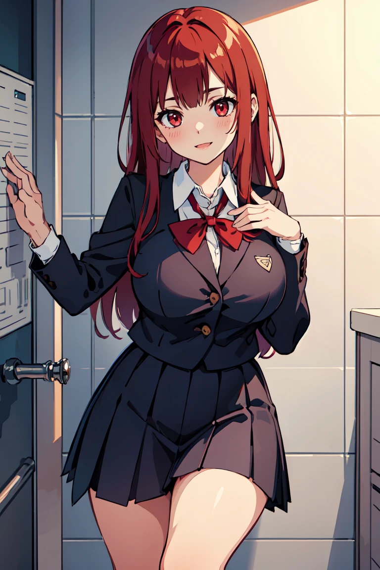masterpiece, best quality, highly detailed background, perfect lighting, best quality, (extremely detailed face), volumetric lighting, intricate details, shadow, tonemapping, sharp focus, hyper detailed, trending on Artstation, (solo), (Background in the bathroom) .Girl with long red hair. Red eyes. curvy. Blush, Clear skin. Big bust. Smile, ((with school report)) ((Dressed as a schoolgirl)) ((school skirt))