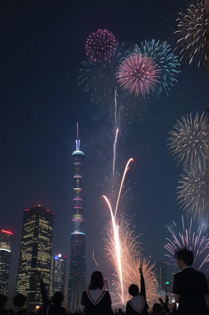 A smile、hi-school girl、Uniforms、While doing fireworkare、Tokyo Skytree