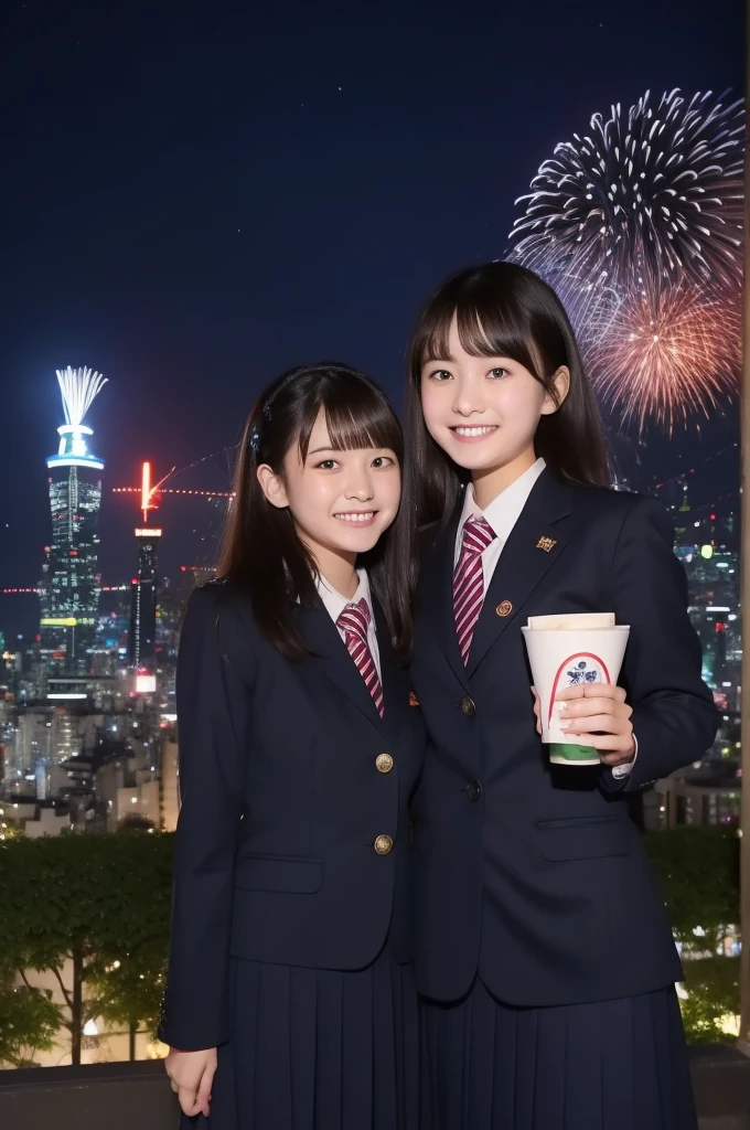 A smile、hi-school girl、Uniforms、While doing fireworkare、Tokyo Skytree