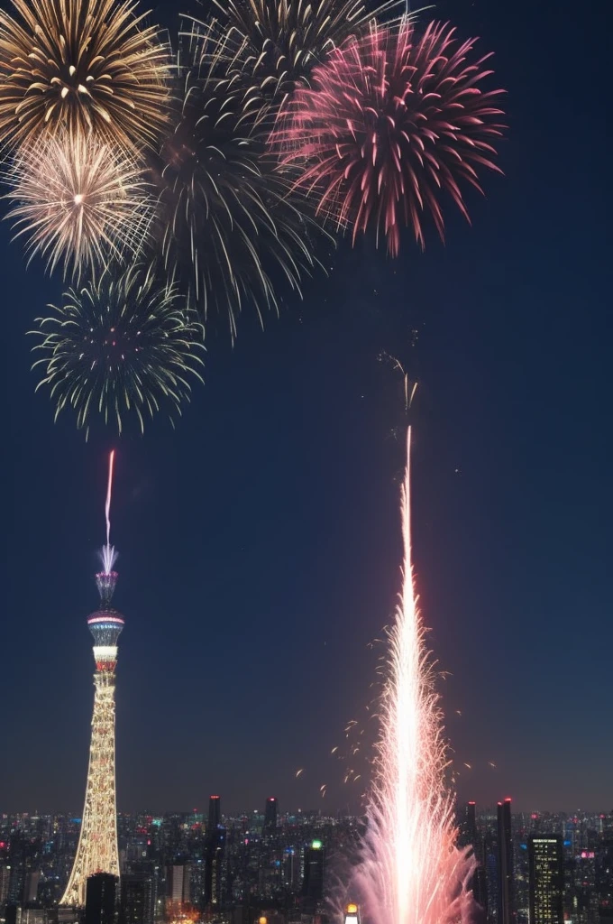 A smile、hi-school girl、Uniforms、While doing fireworkare、Tokyo Skytree