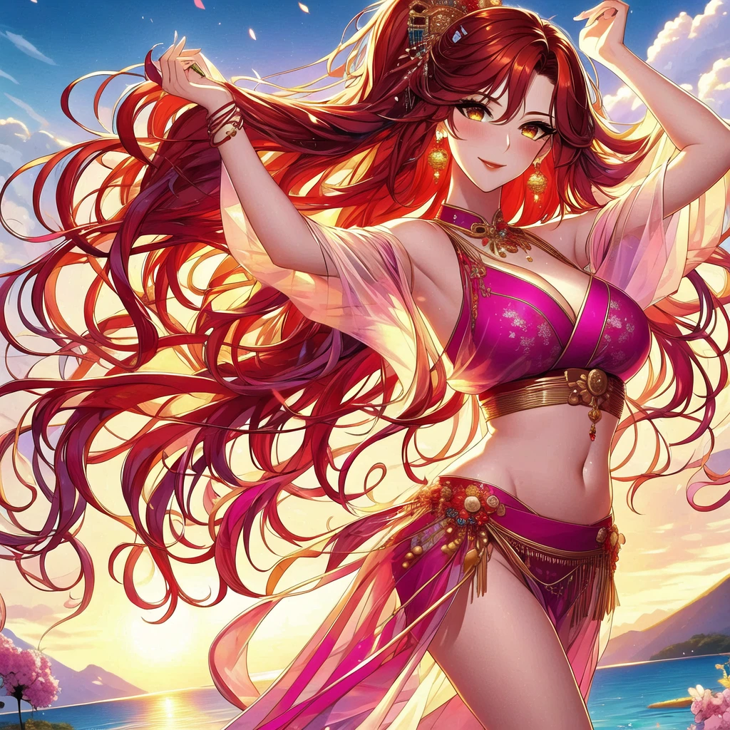 (masterpiece, best quality: 1.2), 1 female, solo, dancing alone, Xian Mei, beautiful golden eyes, long red curly hair, detailed face, beautiful face, jewelry, perfect anatomy, perfect body, traditional pink-purple belly dance dress, medieval china, sexy, hot, beautiful background, belly dance, dance, beautiful dance, mountains in the background, Japanese cherry trees, daytime, sharp image, clear image, Hd resolution, quality,