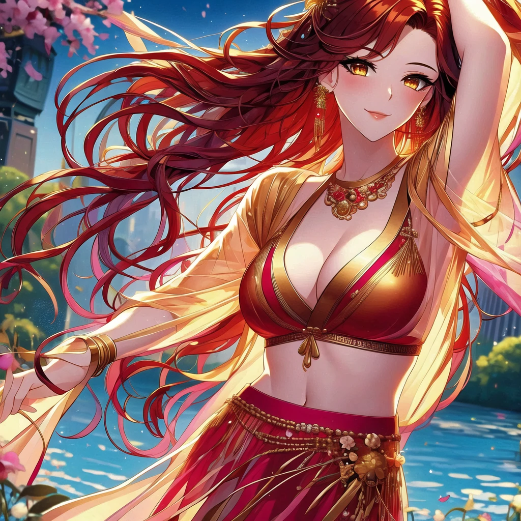 (masterpiece, best quality: 1.2), 1 female, solo, dancing alone, Xian Mei, beautiful golden eyes, long red curly hair, detailed face, beautiful face, jewelry, perfect anatomy, perfect body, traditional pink-purple belly dance dress, medieval china, sexy, hot, beautiful background, belly dance, dance, beautiful dance, mountains in the background, Japanese cherry trees, daytime, sharp image, clear image, Hd resolution, quality,