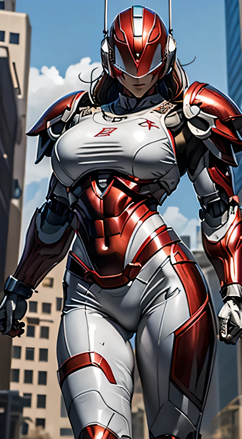 Female Robocop Solo、Bright outdoors、strong light source、8K, high quality, masterpiece, 最high quality, Crisp contrast、Very detailed、Full body armor、Very large armor、Helmet covering the head、Clear photos、His eyes are hidden by thin straight goggles:1.3、The lower half of the face is raw々Shii:1.5、The lower half of the face is exposed、Seductive lips、Red metallic armor、White accent color、Armor that completely covers the chest、Long, slender legs、Vibrant Posselo Body View,Big and ample breasts:1.5, (Sports Body:1.5)、Five Fingers、Hold a handgun、In the city