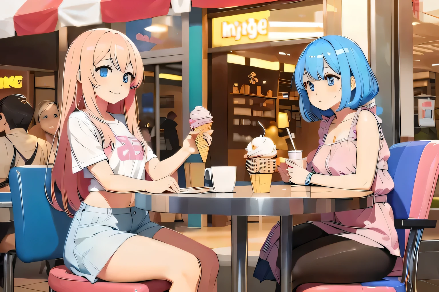 Two Girls, the Girl on the Right with Long Light Pink Hair and Casual Short Outfit (Prioritize to ID Image CPIFKKTE878C73D78QEG), and the Left Girl with Small Blue Hair and Wearing a Low-Cut Dress (Prioritize to ID Image CPIGA65E878C73ETEKU0); are sitting on chairs in an ice cream shop in a shopping mall.