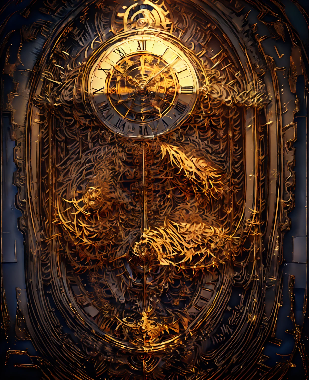 a detailed analog clock, a crow perched on the clock, intricate clockwork, mechanical gears, brass and copper accents, gothic architecture, dark moody lighting, dramatic shadows, muted color palette, cinematic lighting, highly detailed, photorealistic