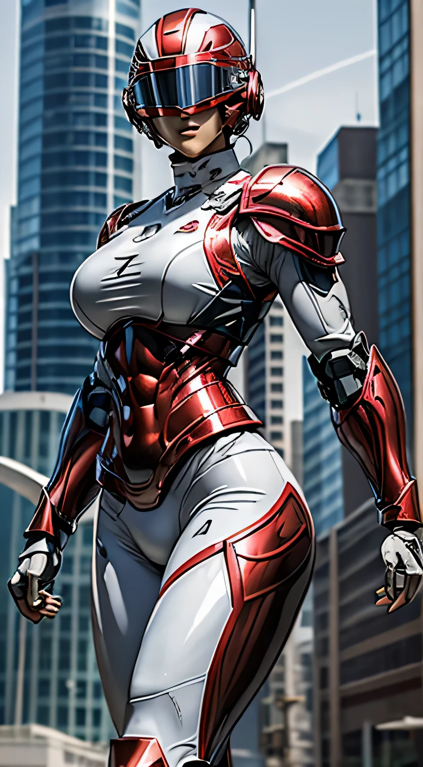 woman in muscular ai suit big tits metriod suit head helmet vison glasses advanced tech muscle legs large gun