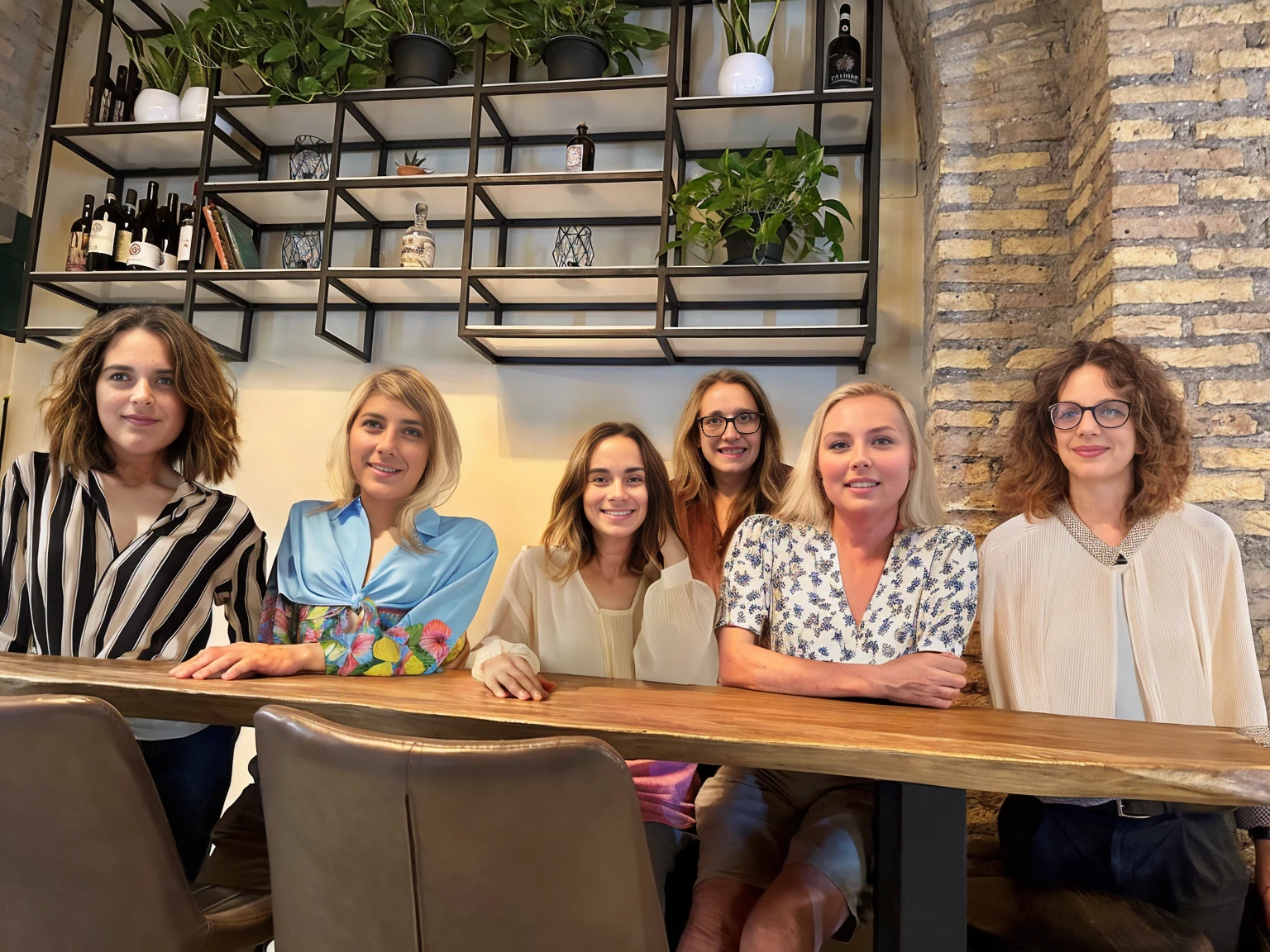 several women sitting at a table with a wooden table top,