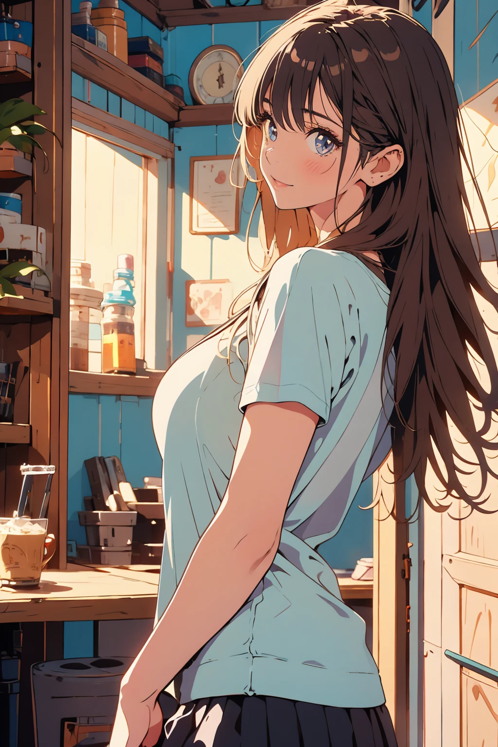 ((Best quality, 8K, Masterpiece :1.3)), a girl, cute and beautiful girl with emphasis on plump abs:1.3, full body, (short hair, long hair, big breasts:1.2), (oversized tank top: 1.2), ultra-delicate face, delicate eyes, double eyelids, smile, home, ((random color clothes, adult bra, Camisole, panties)), close-up face,Bright room,