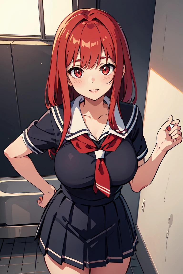 masterpiece, best quality, highly detailed background, perfect lighting, best quality, (extremely detailed face), volumetric lighting, intricate details, shadow, tonemapping, sharp focus, hyper detailed, trending on Artstation, (solo), (Background in the bathroom) .Girl with long red hair. Red eyes. curvy. Blush, Clear skin. Big bust. Smile, ((with school report)) ((Dressed as a schoolgirl)) ((school skirt))