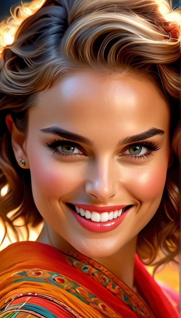 (Natalie Portman), smile, (best quality,8k,hyperrealism:1.2),vibrant colors, sharp focus, insanely detailed, studio lighting, ultra-fine painting, hair blowing in the wind, stunningly realistic eyes and lips, perfect facial proportions, meticulous skin texture, long eyelashes, expressive emotions, elaborate background, impeccable clothing and accessories, accurate shadows and highlights, highly realistic lighting and reflections, immaculate attention to detail,2 girls,((2k5)) style, hyper realistic photo, vibrant colors, 16k