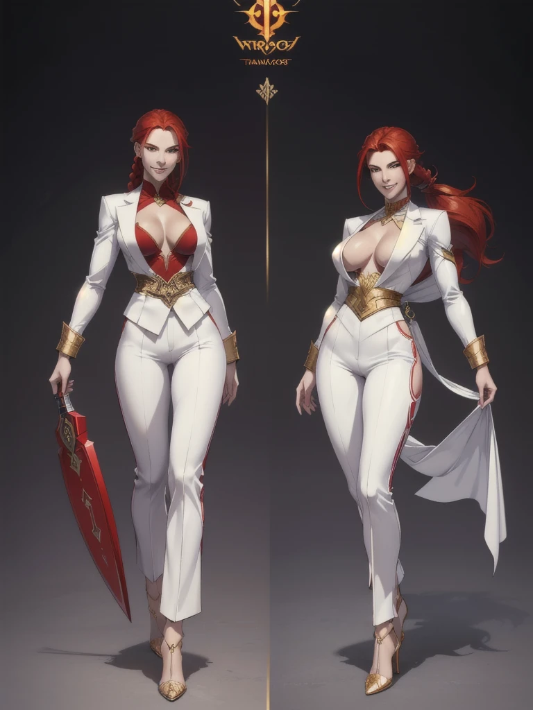 ((best quality)), ((4k)), ((highres)), ((masterpiece:1.2)). ((detailed)), ((ultra realistic)), ((intricate details)), ((full body picture)), ((character design sheet)), ((blank background)), ((standing in a blank background)), solo character, a full body shot of a sexy pale female, inhuman pale skin, pasty white skin, ((vampire pale skin))), ((ghostly pale skin like kratos from god of war)), redhead, ((vivid red hair)), SLEEK braided low ponytail, ((SLEEK braided low ponytail)), thin braid, slicked back hair, sexy and dangerous, evil smile on her face, ((evil smile)), about 30 years old, about 6'0 ft tall, athletic frame, character concept art, female executive, white blazer suit, white dress pants, work pants, white outfit with black details and gold adornments, ((predominantly white outfit)), ((showing cleavage)), gold office heels, ((GOLD HEELS)), fighting game character concept art, tekken character design, the king of fighters character concept