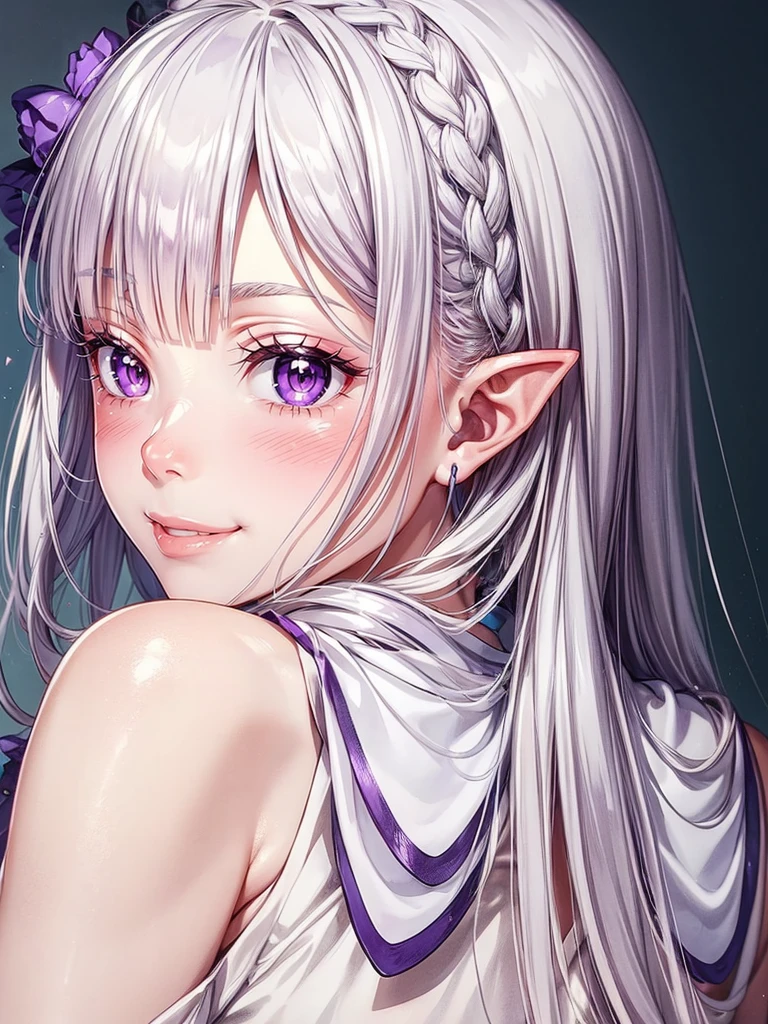 detailed face, (purple eyes), long eyelashes, realistic skin,pointy ears,naughty smile