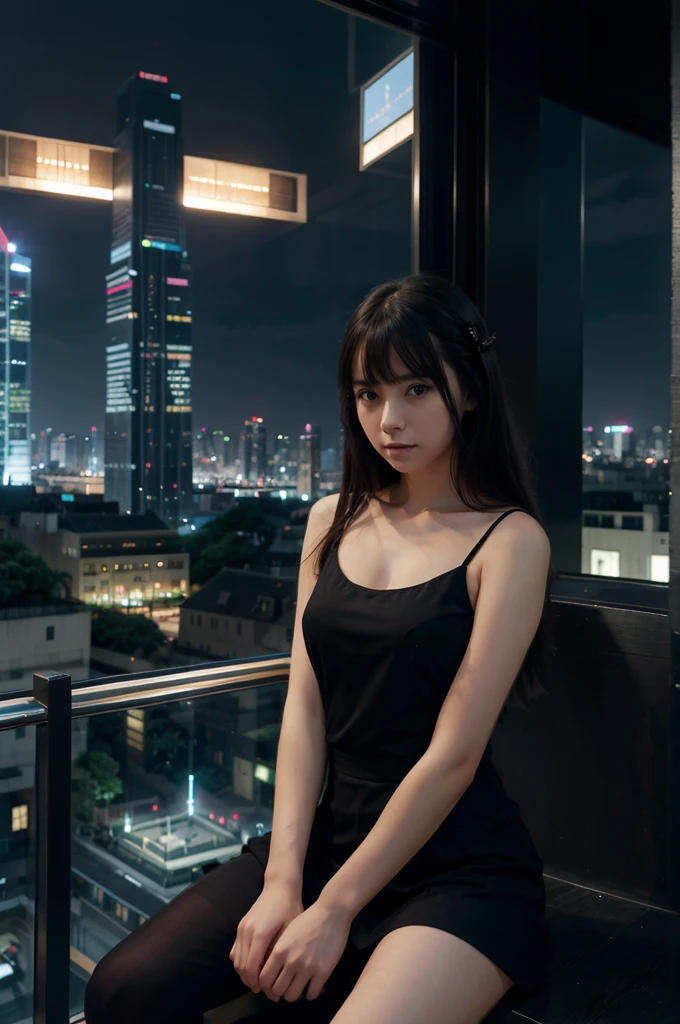 A girl dressed in a black top sitting on the edge of a skyscraper., by Studio Ghibli, city landscape, detailed illustration, Official Art, kawacy style, elegant movement, nocturne, compound, hd wallpapers