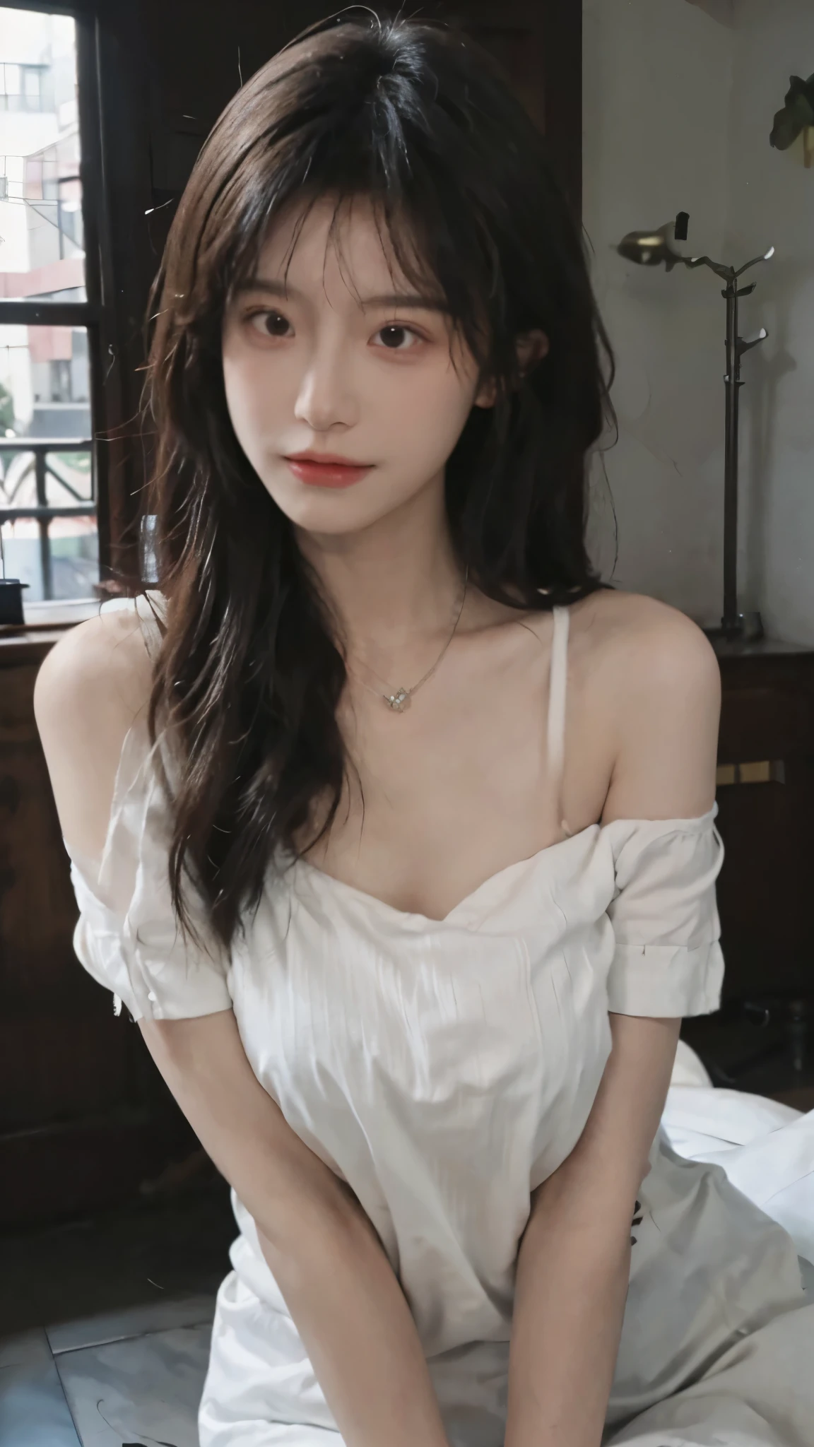 Portrait photography,1 girl,white church,White Wedding Dress,White veil,Beautiful wedding dress,Bare shoulders,Lipstick,(Big Breasts:1.6),Shoulder-Length Wavy Hair,Wear a necklace,Headband,serene,calm,(Realistic and detailed eyes,Natural skin texture,Realistic facial details),
