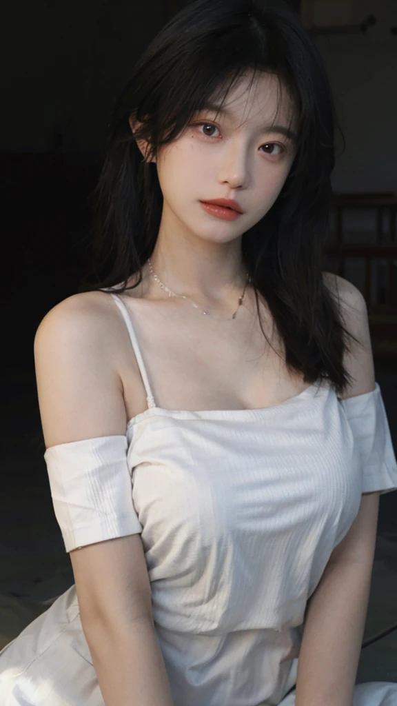 Portrait photography,1 girl,Heavy makeup,Bare shoulders,Lipstick,(Big breasts:1.4),Shoulder-Length Wavy Hair,Wear a necklace,scarf,Earring short sleeves,serene,calm,(Realistic and detailed eyes,Natural skin texture,Realistic facial details),Soft dramatic lighting,Depth of Field,Bokeh,Big breasts,Areola,,Cleavage,Vibrant details,In detail and in detail,Surreal,35mm,hazy,