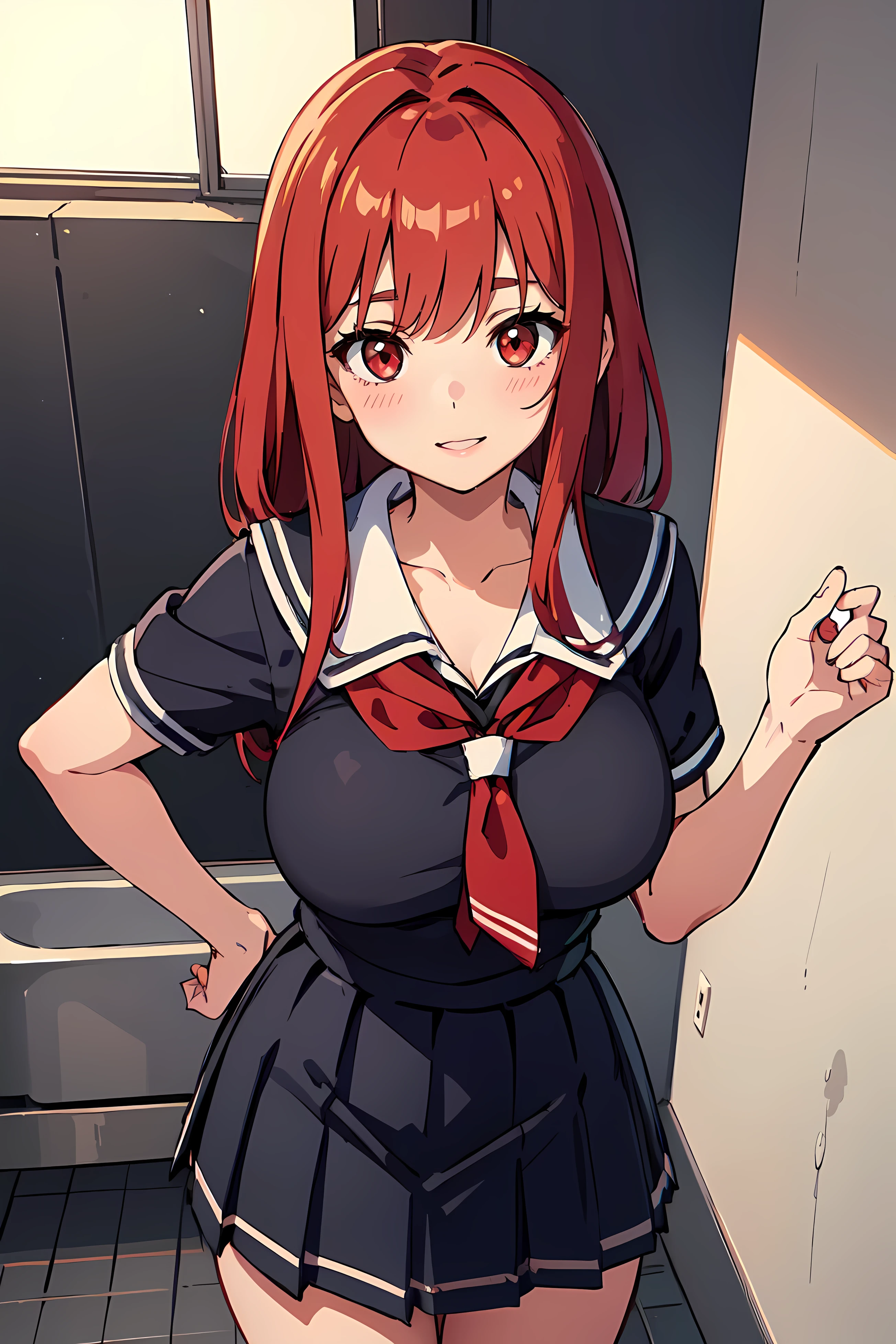 masterpiece, best quality, highly detailed background, perfect lighting, best quality, (extremely detailed face), volumetric lighting, intricate details, shadow, tonemapping, sharp focus, hyper detailed, trending on Artstation, (solo), (Background in the bathroom) .Girl with long red hair. Red eyes. curvy. Blush, Clear skin. Big bust. Smile, ((with school report)) ((Dressed as a schoolgirl)) ((school skirt))