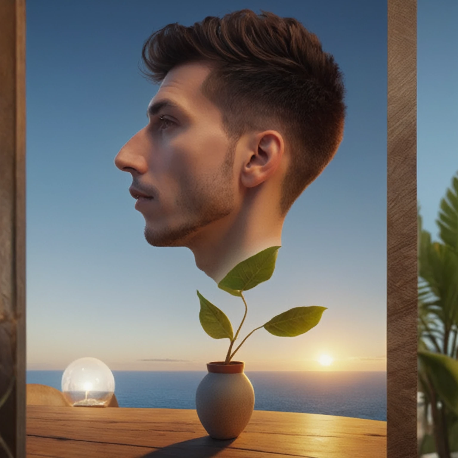 there is a man with a plant in a pot on a table, highly detailed vfx portrait, surrealism portrait, surreal portrait, stylized portrait, 3d portrait, surreal 3d rendering, highly detailed vfx portrait of, high-quality portrait, stylized portrait h 1280, 4k asymmetric portrait, surrealism 8k, soft portrait photographed in 8k, nft portrait