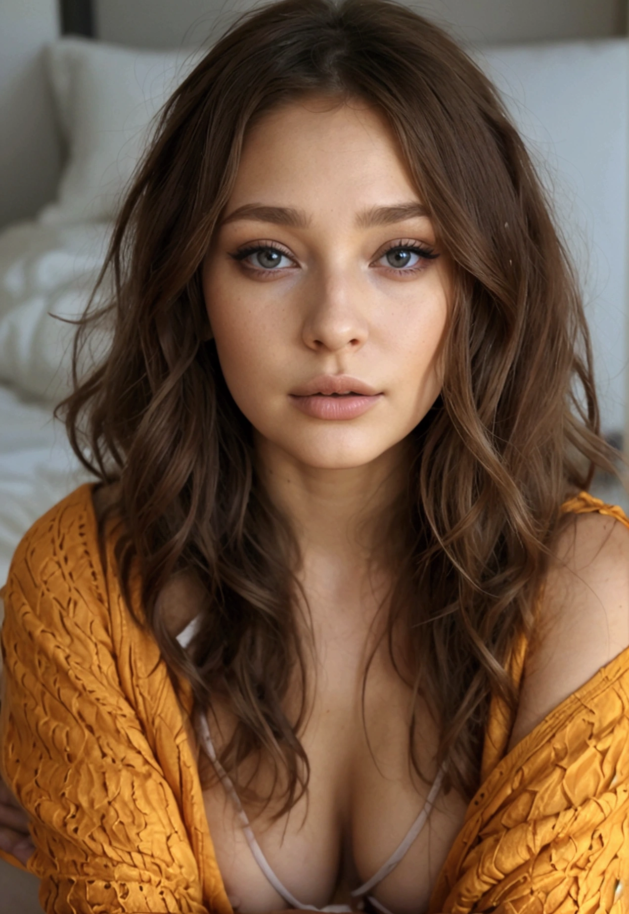 femme arafed avec débardeur et culotte assortis, fille sexy aux yeux marrons, portrait sophie mudd, cheveux blonds et grands yeux, Selfie d'une jeune femme, Augen dans la chambre, violette myers, sans maquillage, maquillage naturel, Regarder directement dans la caméra, Visage avec Artgram, maquillage subtil, Superbe photo de tout le corps, dans la chambre, clivage