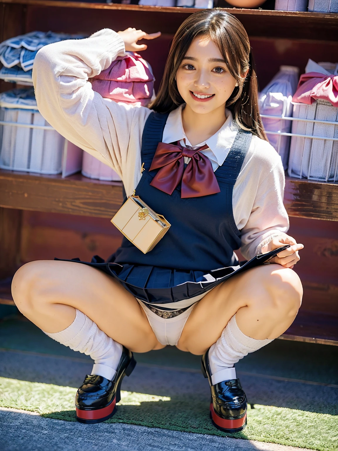 ((highest quality、8k、masterpiece:1.3)),((((fullbody shot)))),Ultra-high resolution,big eyes,Japanese,bangs,(a girl),(1 girl),((20 years old)),((facing at viewer)),((looking at viewer)),(long hair),(((black school uniform))),grin,((squatting)),(pleated mini skirt),(((open legs))),(((platform shoes))),(((white panty)))