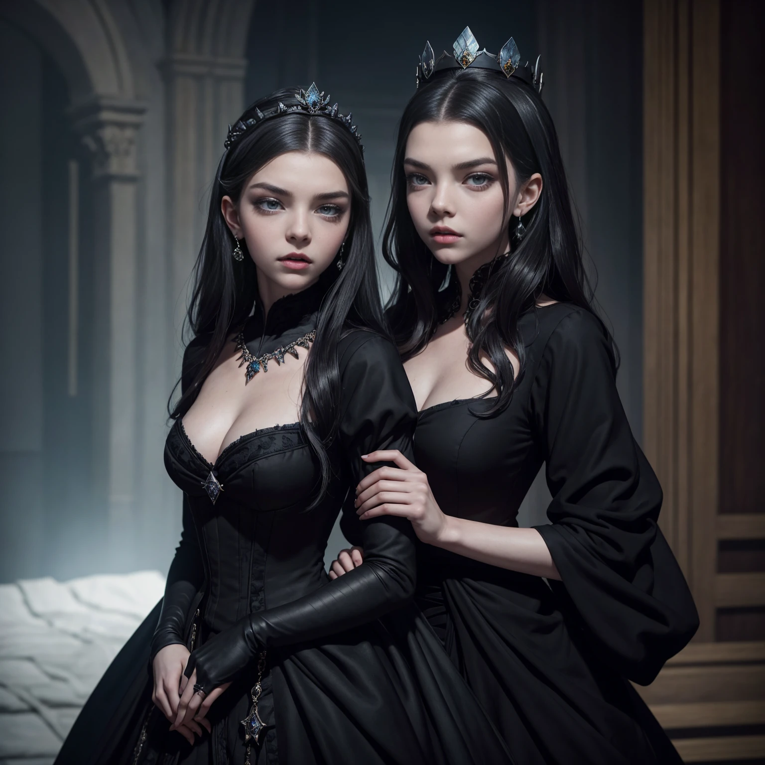 a woman in a black dress with a crown on her head, anya_taylor-joy, anya taylor - joy vampire queen, anya taylor joy, anya taylor-joy, anya taylor - joy, dressed anya taylor - joy, portrait anya taylor-joy, portrait of anya taylor-joy, anya taylor - joy and emma stone, as a medieval fantasy character