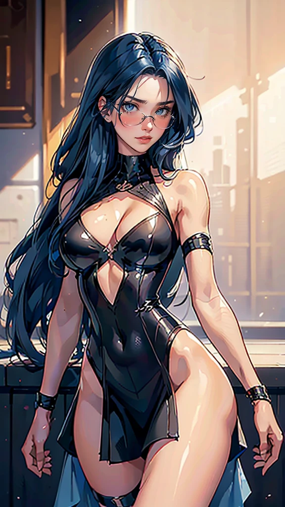 (best quality: 1.2), clean face, (masterpiece: 1.2, 8k) perfect anatomy, 1girl,a beautiful fashion model ,(masterpiece, official art, best quality ,long and shiny hair, blue hair with streaks in hair, long hair, full lips, slender body, slim body shiny breasts, looking at viewer, revealing outfit, absurdity, intricate details, dynamic pose, club, , wearing short skirtand a tight white top, cleavage,, thong straps, sunglasses, celebrity , no panties, embarrassed, shaved pussy, no spider decal