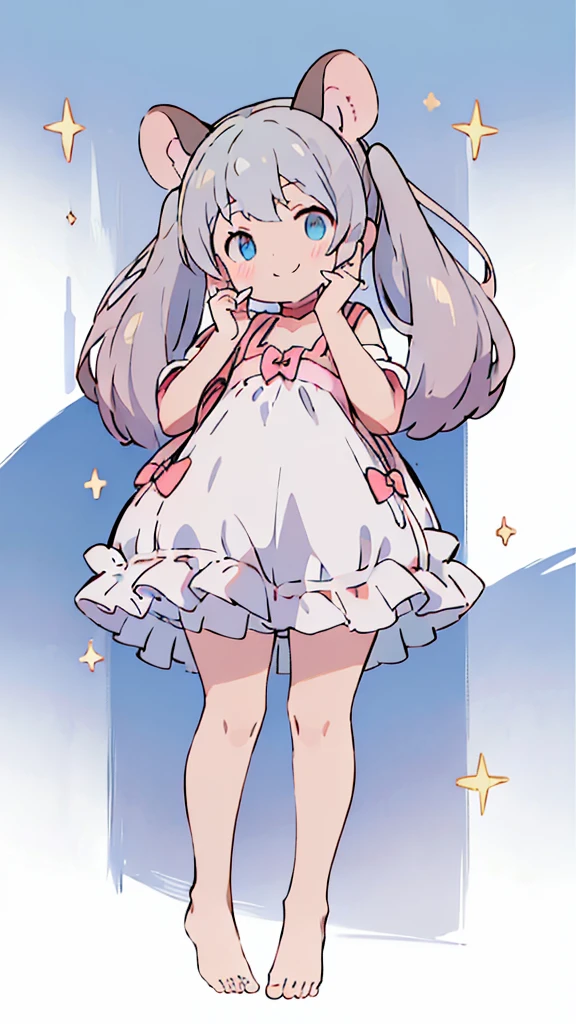 ((masterpiece))((Highest quality))Mouse Ears、Odd Eye、Twin tails、girl、smile、blush、Flat Chest、Are thin、、low length、Gray Hair、blush、Are standing、Whole body image、Even your toes are visible、Eye level on face、front、No background、Mouse pose、真frontのアングル、