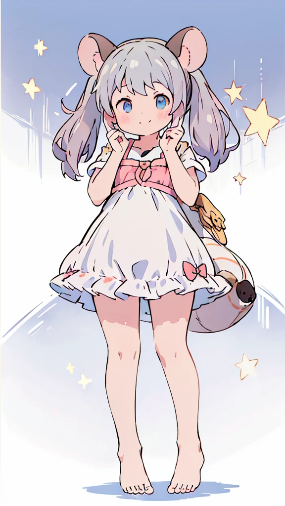 ((masterpiece))((Highest quality))Mouse Ears、Odd Eye、Twin tails、girl、smile、blush、Flat Chest、Are thin、、low length、Gray Hair、blush、Are standing、Whole body image、Even your toes are visible、Eye level on face、front、No background、Mouse pose、真frontのアングル、