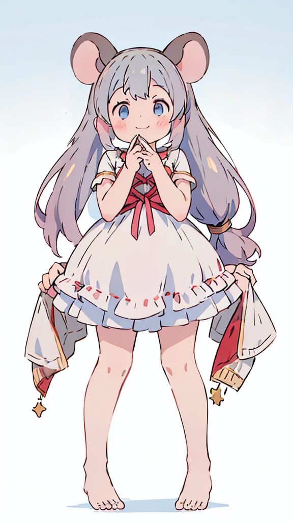 ((masterpiece))((Highest quality))Mouse Ears、Odd Eye、Twin tails、girl、smile、blush、Flat Chest、Are thin、、low length、Gray Hair、blush、Are standing、Whole body image、Even your toes are visible、Eye level on face、front、No background、Mouse pose、真frontのアングル、