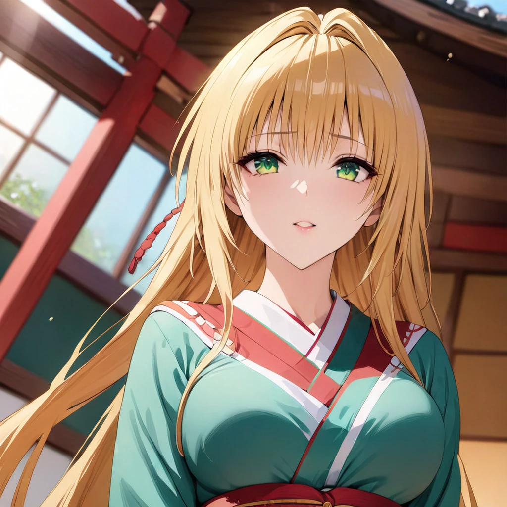 ((Highest quality)), ((masterpiece)), (detailed), （Perfect Face）、The woman is Tiare, with green eyes, medium-long blonde hair, and is dressed as a shrine maiden.