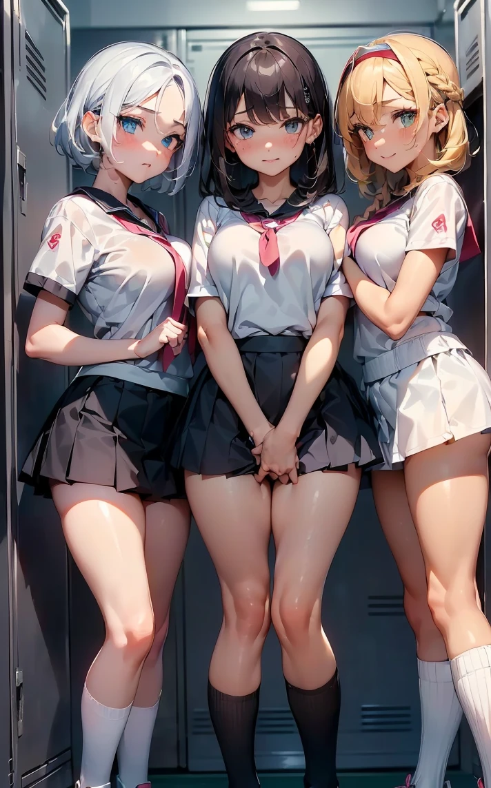 (Cute eyes:1.2), (Sparkling eyes:1.2),(Beautiful Eyes:1.2), Highest quality,wonderful,finely,Highly detailed CG Unity 8k wallpaper, (The three of them hugged each other:1.3),(Caress your:1.5),(Three people of different heights:1.5), (Three Girls, Tennis Player, Skinny body, Dressed), (Huge breasts), (Open your mouth:1.1),(Black knee socks:1.3),(Thighs:1.3),(Waistline:1.2),(Matching white tennis uniforms:1.2),(From behind:1.2),(Beautiful Eyes:1.2),(Different hairstyles),(Senior and Junior:1.3),(All three have different eye colors:1.5),(All three have different skin colors.:1.5),(Thighsまで隠れるニーソックス:1.2),Upper Body,(locker room:1.3),(Love Juice:1.3),(Tennis Wear:1.3)