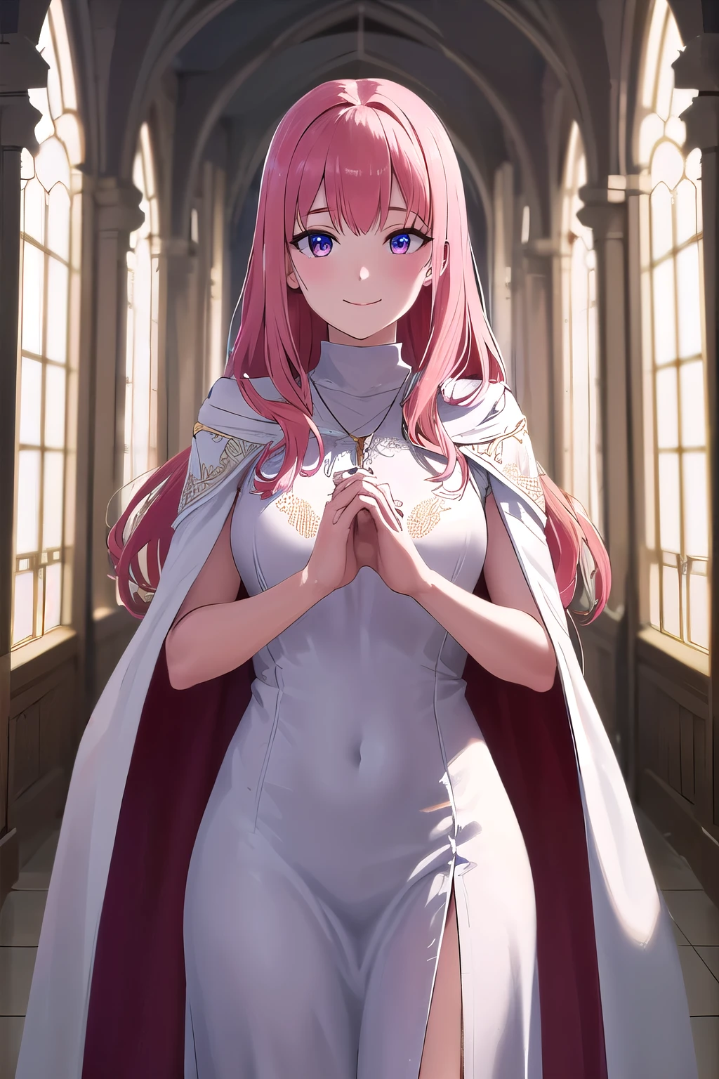 (8K, top-quality, masterpiece:1.2), (reallistic, Photorealsitic:1.37), Super Detail, One girl,), (Highly detailed), (beautifully detailed eyes), (of the highest quality), (super detailed ), (masterpiece), (Detailed face),20yr old, ,1 girl, ((pink hair,long hair)), medium breasts, clothed, Perfect Lighting, BREAK, (mystical sister:1.5), (monastery fashion:1.4), (all-white outfit:1.5), (long cape:1.3), (long slip dress:1.3), (embroidered blouse:1.2), (wide-leg pants:1.2), (mystical:1.2), (flowing silhouette:1.2), (embroidery details:1.1), (leather sandals:1.1), (cross necklace:1.1), BRAKE, (upper body and thighs:1.2), (mystical pose:1.3), (praying with hands:1.3), (smile:1.2), (long pink hair:1.2), (waves to the left:1.2), (soft lighting:1.2), (monastery corridor:1.2), (arch window:1.1), BRAKE

