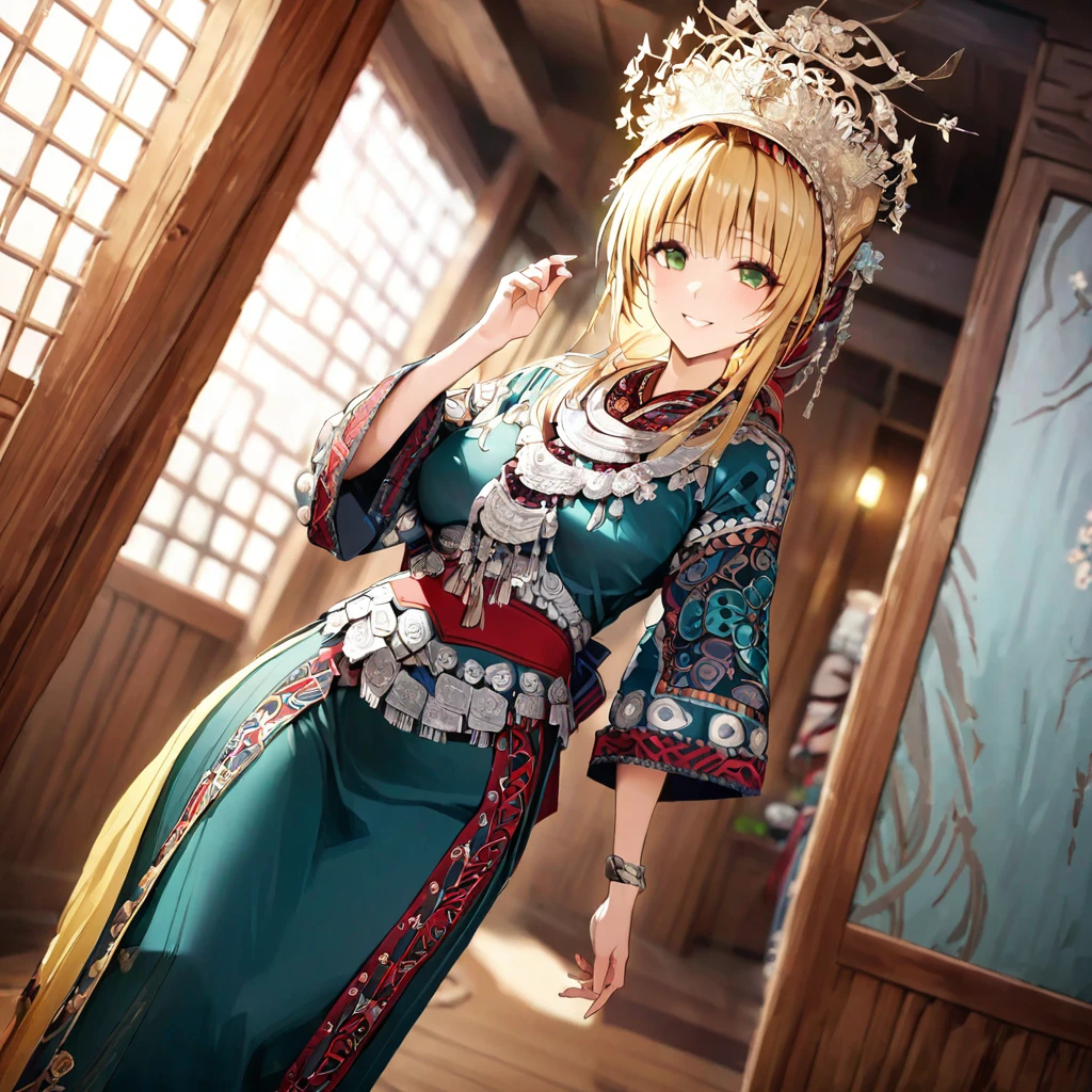 ((Highest quality)), ((masterpiece)), (detailed), (Perfect Face)、The woman is a Tier, with green eyes, medium blonde hair, ethnic medicine and a gorgeous hat.、Smiling with a gentle smile、The woman is being shown her outfit、The whole body is in the frame