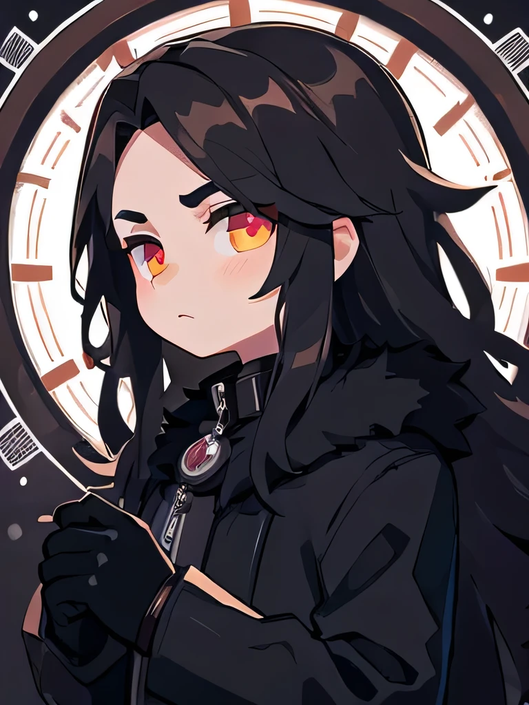 (detailed:1.5), (best quality:1.5), boy, dark hair, long hair, steel eyes, black coat with fur, black gloves, (clock background)